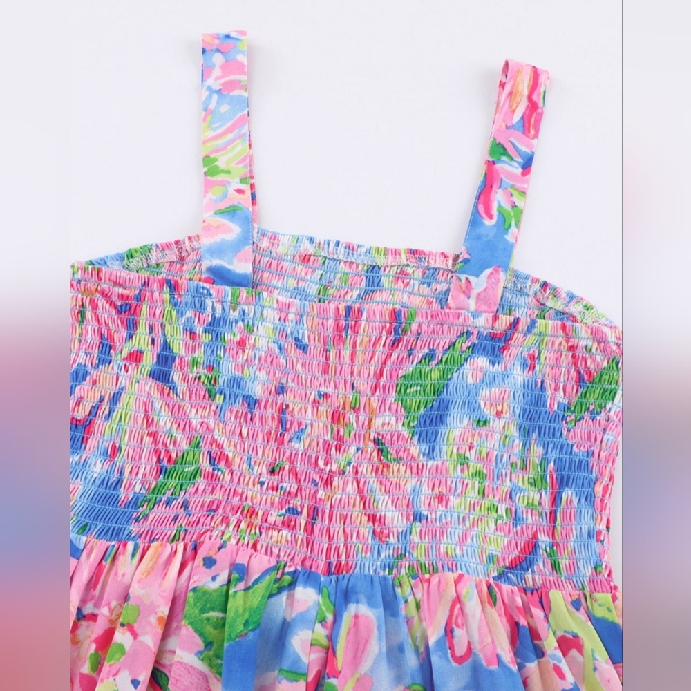 Palm Beach Floral Smock Sleeveless Wide Leg One Piece Pocket Pant Jumpsuit Pink - Picture 12 of 12